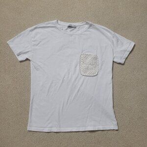 Stradivarius Women's White Cotton Crochet Pocket Tee, Size Small